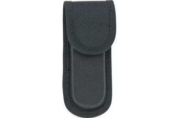 Black form fitted heavy nylon case with velcro closure. May be worn vertically or horizontally on belt. Will fit most folding knives up to 5" closed.